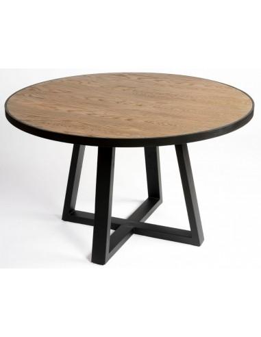 Rundt spisebord i sort metal og rustik brun egetræ Ø130 cm