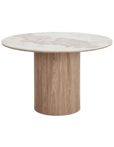 Moderne rundt spisebord i mørkebrun MDF og beige keramik