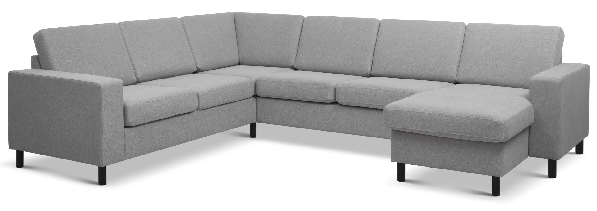 Elegant U-sofa med chaiselong i grå polyester og sort træ