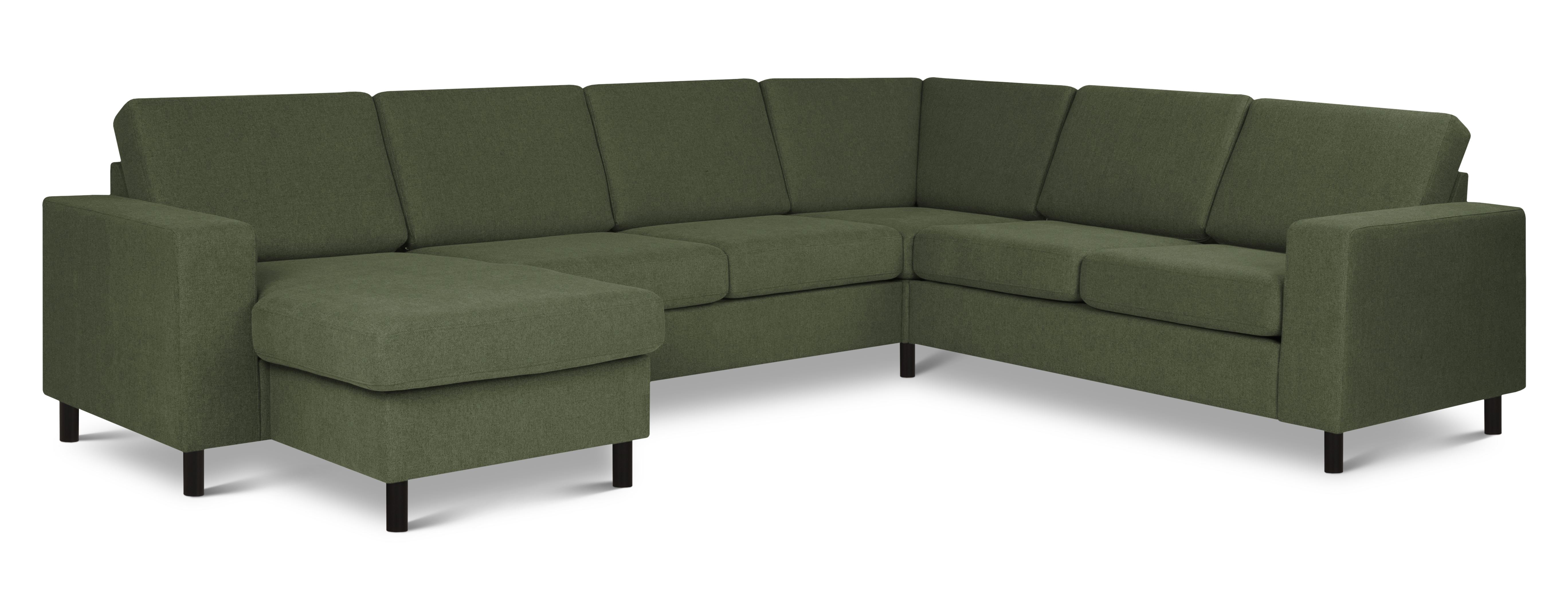 U-sofa med chaiselong i mosgrøn polyester - Sort træ