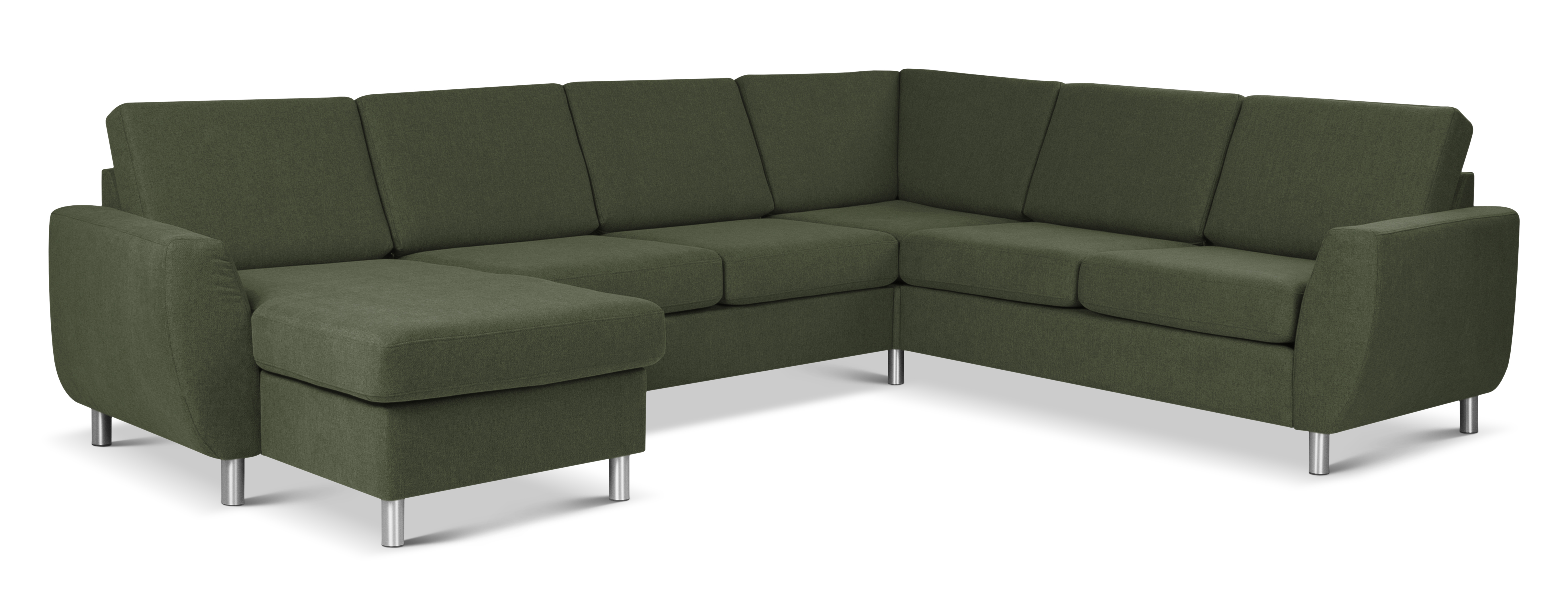 Grøn U-sofa med Chaiselong i Vinter Mosgrønt Stof