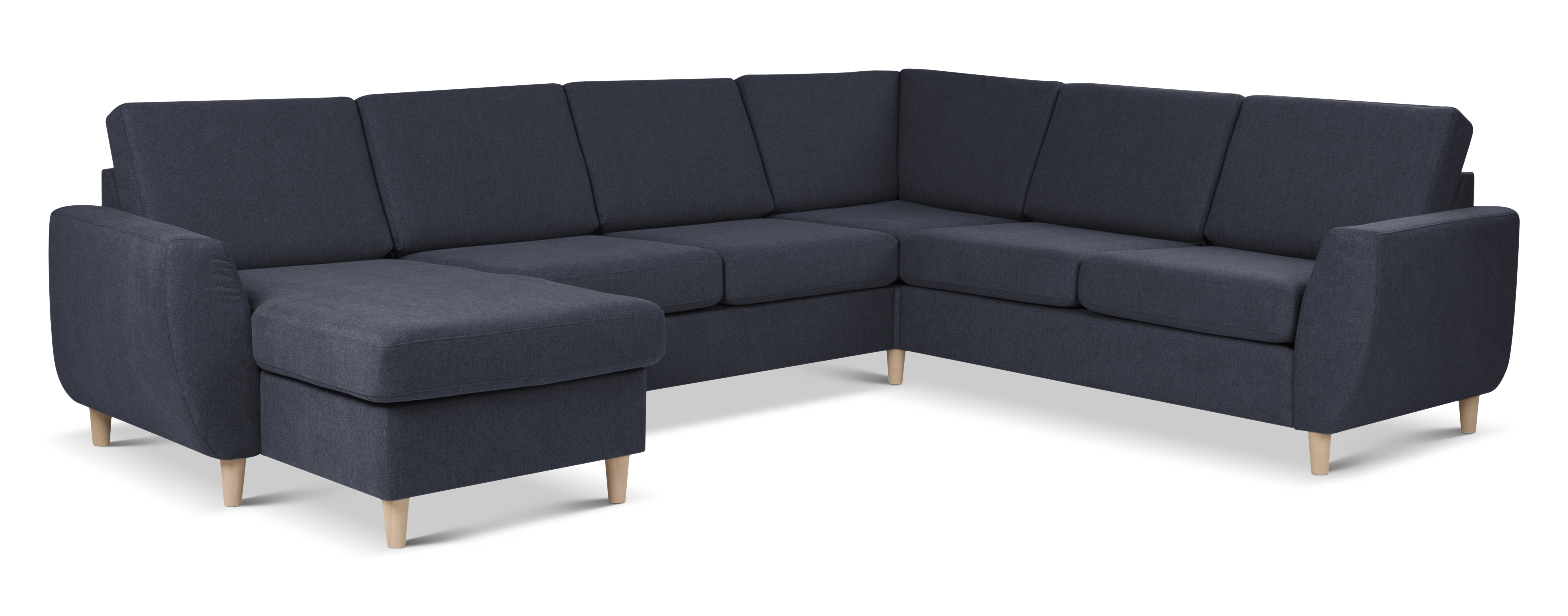Blå Wendy U-sofa med chaiselong i polyester og træ