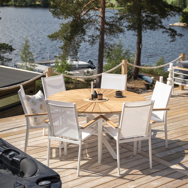 Ponsa Rundt Teaktræ Spisebord i Hvid Aluminium - 140 cm