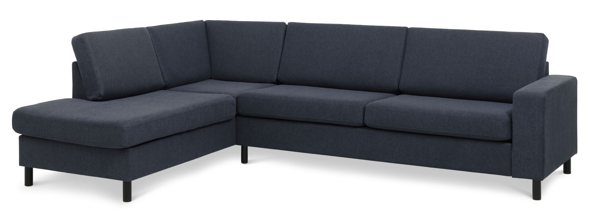 U-sofa med chaiselong i blå polyester og sort træ