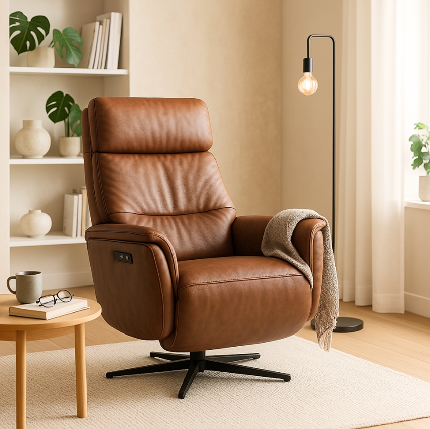 Anne Elbetjent Cognac Læder Indbygget Skammel Comfort Living Lænestol