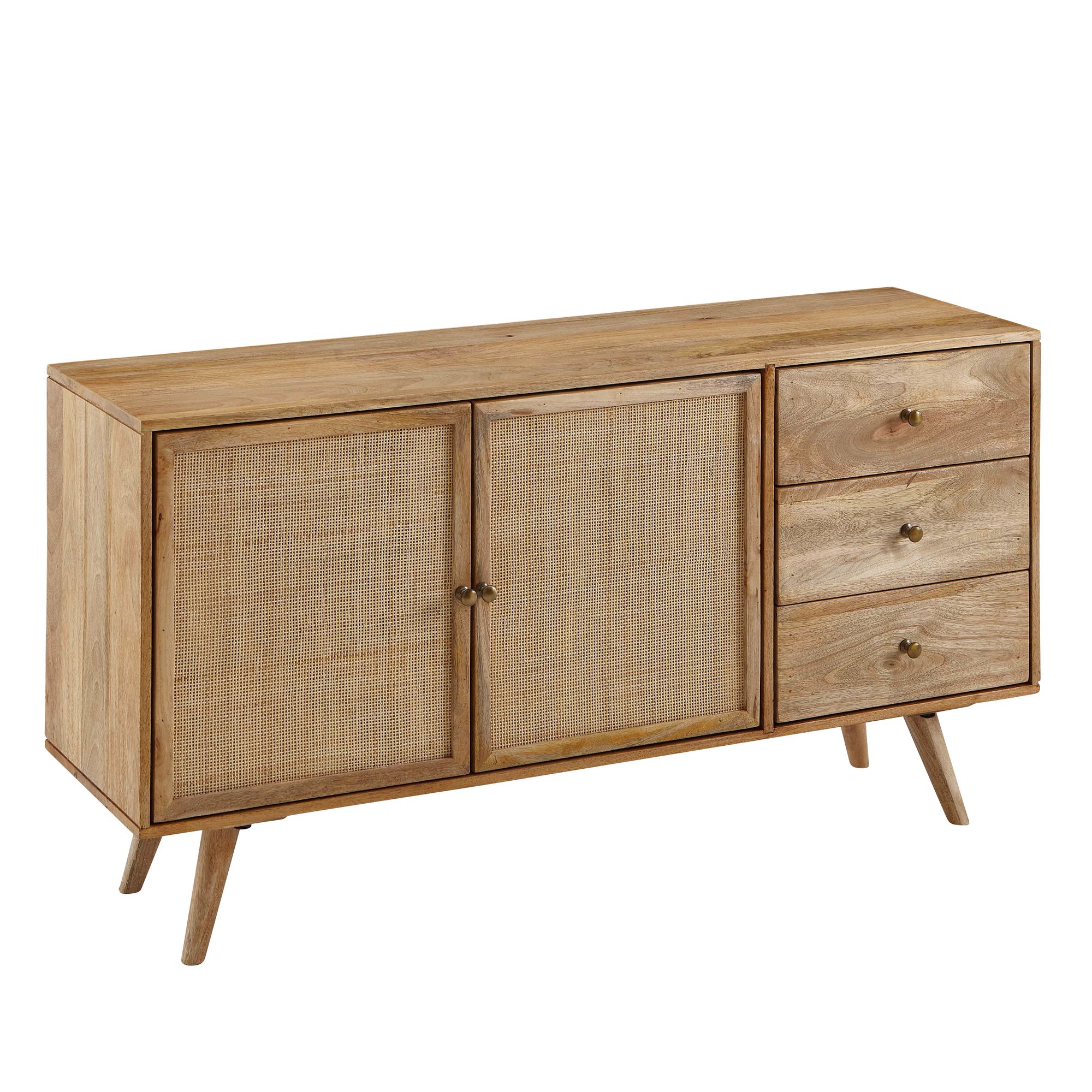 Designer 140x75x40 Massivt Træ Rattan Japandi Look Naturfarvet Skyport Skænk - 4250950296022