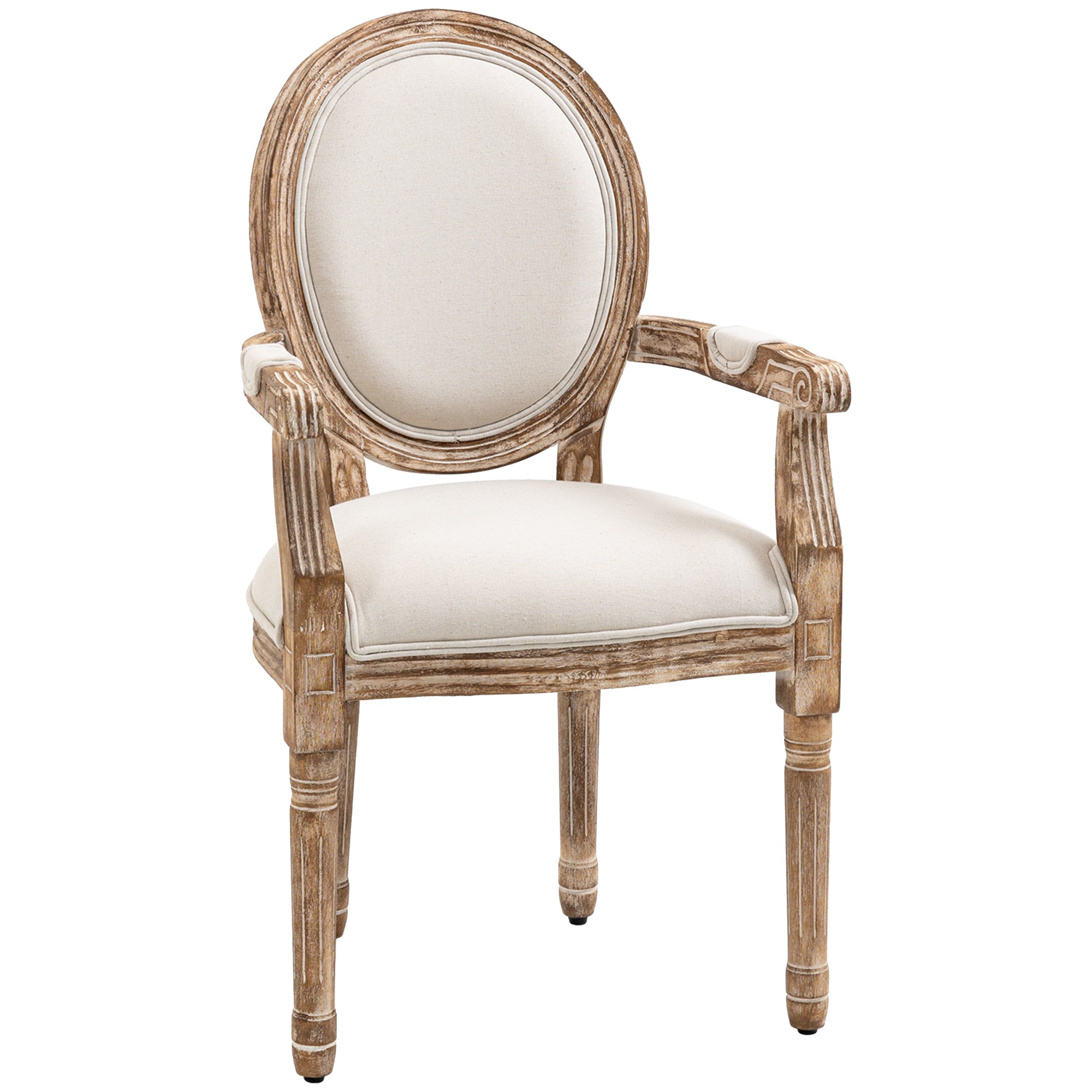 Hvid Køkkenstol Med Armlæn Polstret Retro Design Hørlook Til Stue Gummitræ Creme Lys Træfarve Aosom Spisestol - 4251774902434